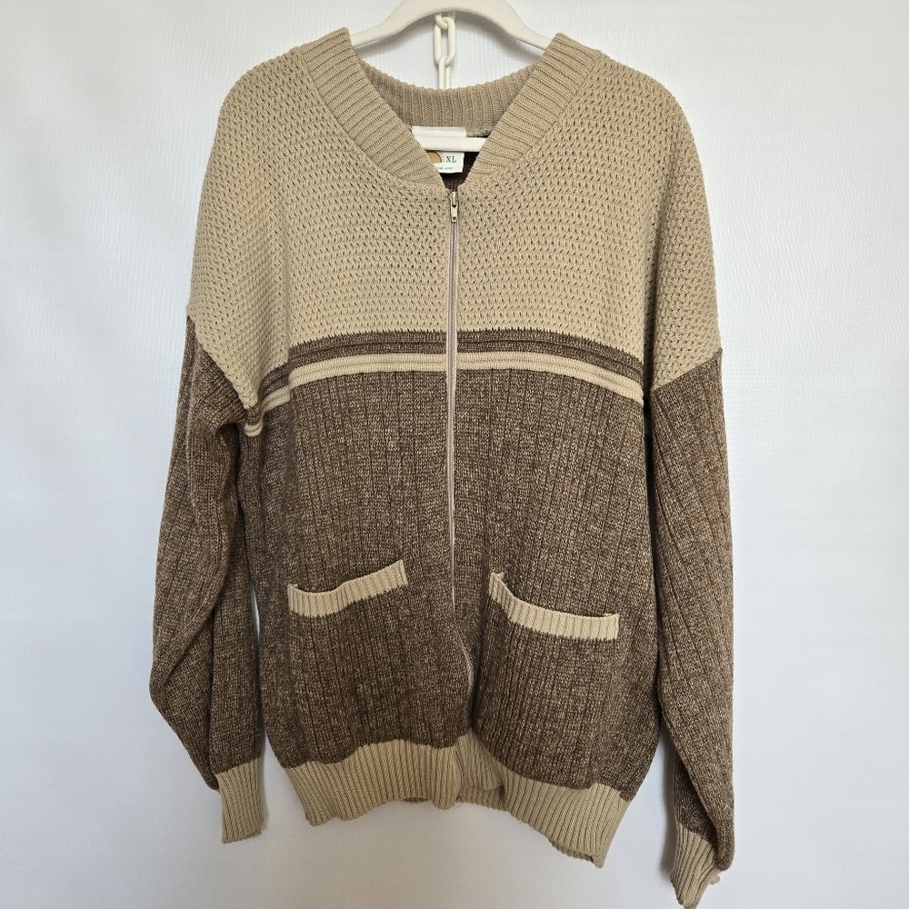 CARDIGAN SWEATER MENS BROWN TAN KNIT ZIPPER CLOSURE (XL)